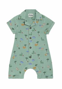 Grüner Kurzarm-Overall mit Dinosaurier- und Pflanzenmotiven, Knopfleiste, Kragen und runden Beinöffnungen. Aus leichtem Stoff gefertigt.