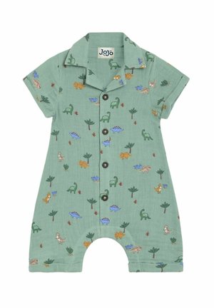 Bodysuit vert à manches courtes avec des imprimés de dinosaures et de plantes, fermeture à boutons sur le devant, col et ouvertures de jambe arrondies. Fabriqué en tissu léger.