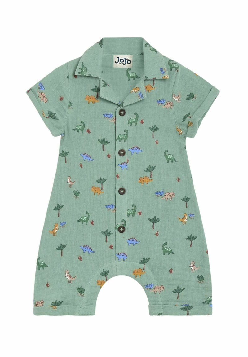 Grüner Kurzarm-Overall mit Dinosaurier- und Pflanzenmotiven, Knopfleiste, Kragen und runden Beinöffnungen. Aus leichtem Stoff gefertigt.