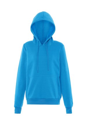 Jasnoniebieska bluza z kapturem, z przednią kieszenią kangurzą i sznurkami, długimi rękawami oraz ściągaczami przy mankietach i u dołu na białym tle.