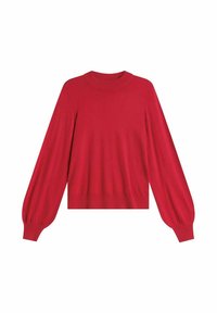 Czerwony dziergany sweter z okrągłym dekoltem, długimi bufiastymi rękawami i dopasowanym paskiem w talii. Gładka faktura i jednolity kolor bez wzorów.