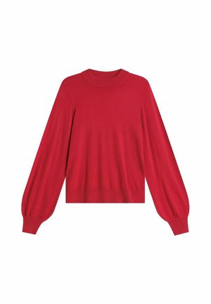 Rode gebreide trui met een ronde hals, lange pofmouwen en een aangesloten tailleband. Gladde textuur en effen kleur zonder patronen.