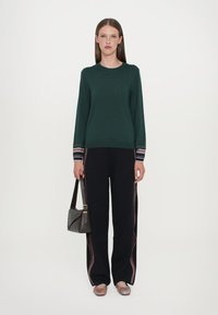 Pulover verde tricotat cu mansete cu model, asortat cu pantaloni negri largi ce au o dungi colorate pe lateral. Geantă gri și pantofi fără toc.
