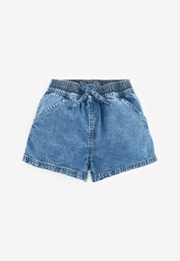 Blå denimshorts med elastisk midja och dragsko, med två sidofickor och rak skärning, i texturerad lättviktsmaterial.