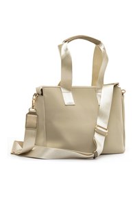 Sac à main rectangulaire beige avec double anses et bandoulière longue réglable, ferrures dorées et fermeture supérieure zippée.