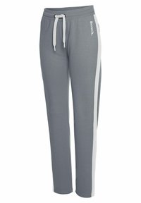 Graue Sweatpants mit einem Kordelzugbund. Mit weißen Seitestreifen und dem weißen 'Bench.'-Logo auf der Vorderseite. Weicher Stoff.