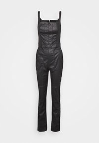 Svart jumpsuit i konstläder, med figursydd bodice, fyrkantig halsringning, breda axelremmar och avsmalnande ben med sömdekoration.