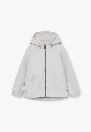 Veste à capuche gris clair avec fermeture éclair frontale, poignets élastiques et une étiquette réfléchissante en forme d'étoile sur la manche gauche.