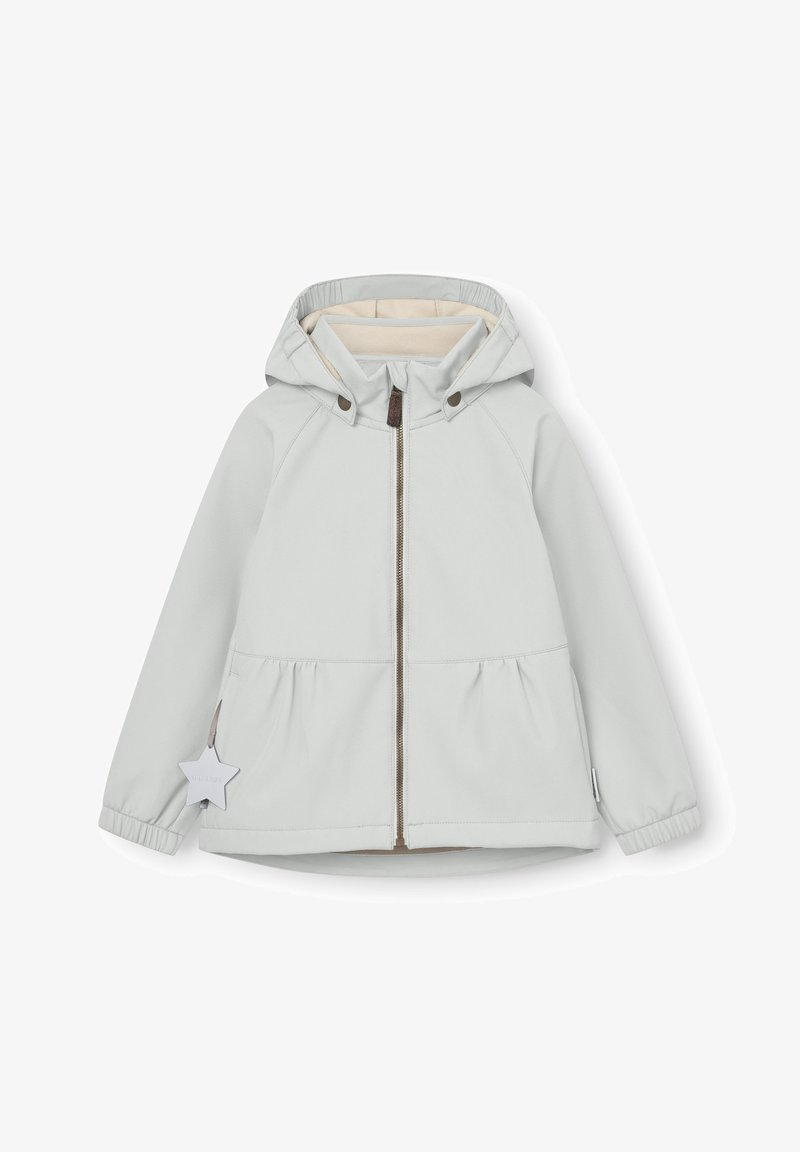 Svetlo siva jopa s kapuco z zadrgo spredaj, elastičnimi manšetami in odsevnim obeskom v obliki zvezde na levi rokav.