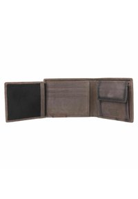 Brown leather wallet with multiple card slots, a textured black interior, and a small flap pocket. Flat design, stitched edges, minimal branding.