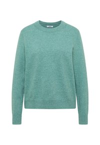 Turkusowa bluza z miękkiego materiału, z okrągłym dekoltem, długimi rękawami oraz ściągaczami przy mankietach i dolnym brzegu. Jednorodna faktura na całej powierzchni.