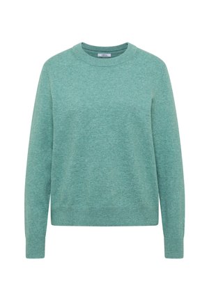 Turkos sweatshirt i mjukt material med rund halsringning, långa ärmar samt ribbade muddar och fåll. Jämn struktur genom hela plagget.