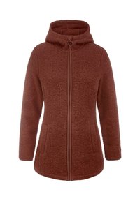 Braune Fleecejacke mit Kapuze, Frontreißverschluss und seitlichen Taschen. Die Textur ist weich und sie verfügt über einen glatten, kontrastierenden Reißverschluss.