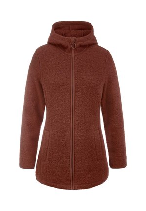 Braune Fleecejacke mit Kapuze, Frontreißverschluss und seitlichen Taschen. Die Textur ist weich und sie verfügt über einen glatten, kontrastierenden Reißverschluss.