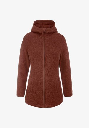 Braune Fleecejacke mit Kapuze, Frontreißverschluss und seitlichen Taschen. Die Textur ist weich und sie verfügt über einen glatten, kontrastierenden Reißverschluss.