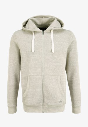 Sudadera con cremallera color gris claro, hecha de un tejido suave y texturizado, con capucha, dos bolsillos frontales y cordones de contraste. Diseño de ajuste slim.