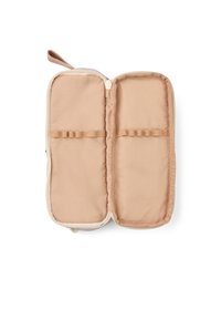 Glidelåsorganizer med en kremfarget ytre og beige innside. Innvendig har den to rom med elastiske bånd for sikker oppbevaring.
