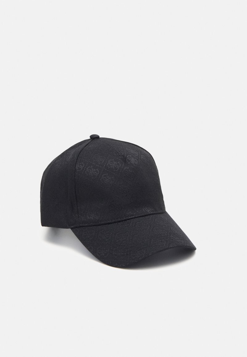 Casquette de baseball noire avec motif tonal subtil et visière courbée présentée sur fond blanc.