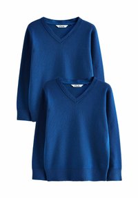 Due maglioni blu a V impilati, realizzati in tessuto a maglia, con maniche lunghe, polsini e orli a coste; etichettati "Clarks" all'interno del colletto.