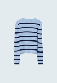 Pull à manches longues bleu clair côtelé avec des rayures horizontales bleu marine, vu de dos sur un fond clair uni.