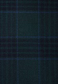 Tkanina w kratę z ciemnozielonymi i granatowymi kwadratami, podkreślona niebieskimi szwami. Materiał ma teksturowane wykończenie i tkany wzór.