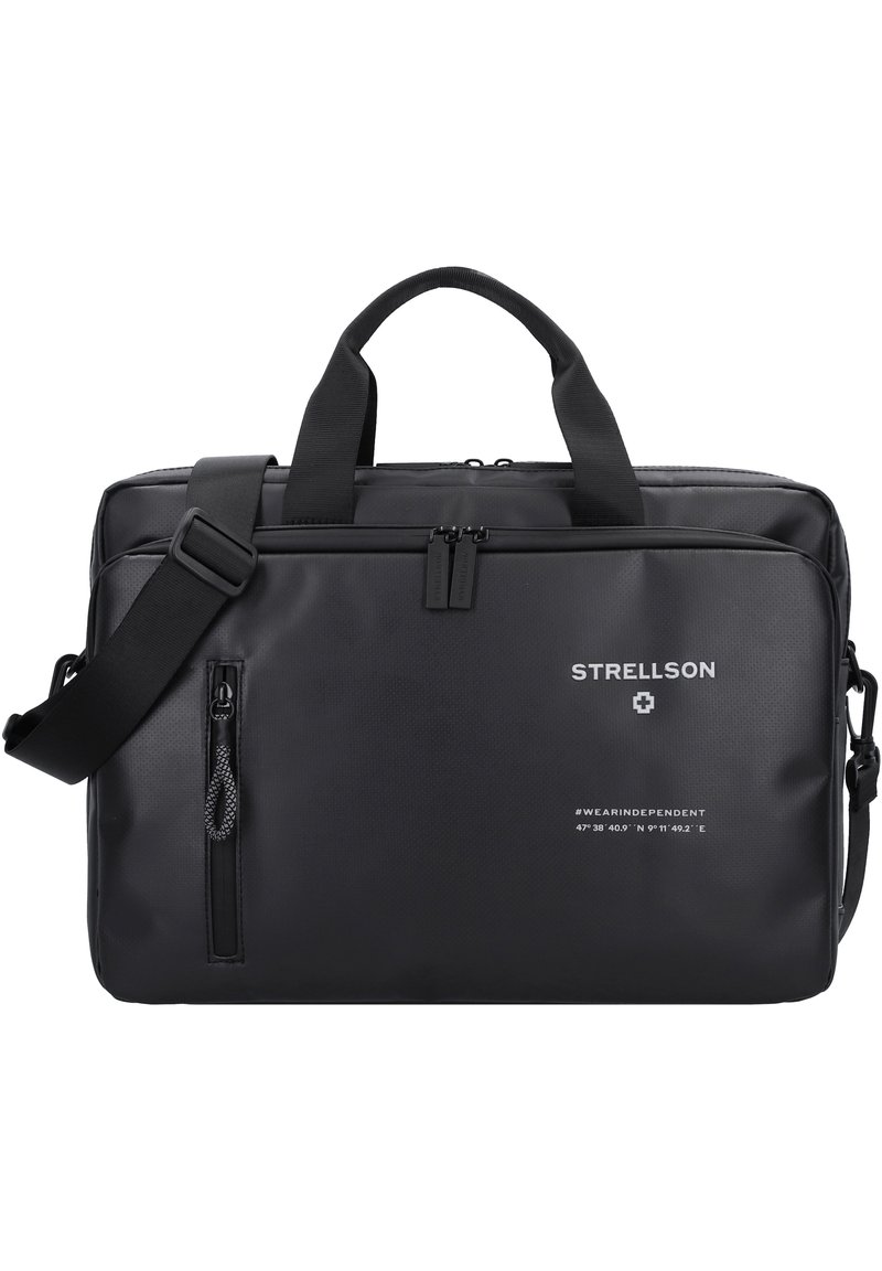 Zwarte Strellson laptoptas met dubbele ritssluiting, voorvak met rits, verstelbare schouderriem en logo-details op gestructureerd materiaal.