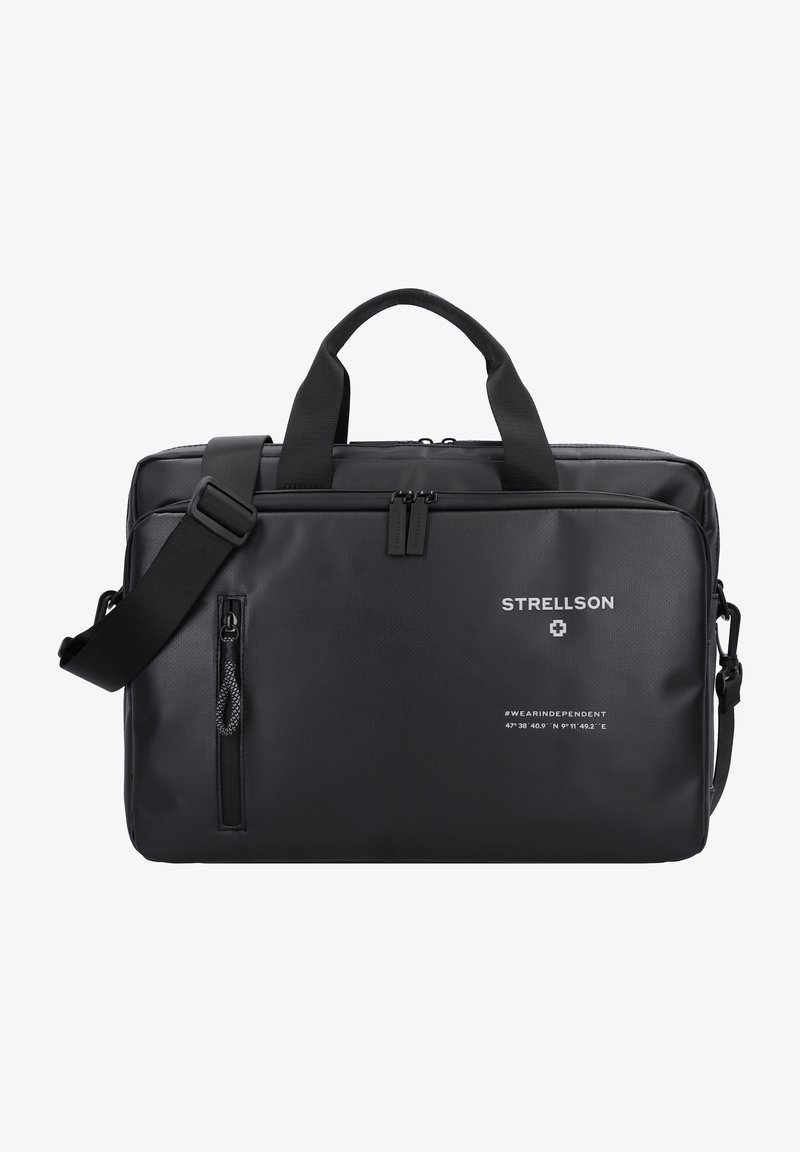Schwarze Strellson-Laptoptasche mit doppeltem Reißverschluss, vorderer Reißverschlusstasche, verstellbarem Schultergurt und Logodetails auf strukturiertem Material.