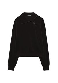 Črni pulover s kapuco z visokim ovratnikom in polovičnim zadrgo, dolgimi rokavi in sproščenim krojem. Gladek material z mat zaključkom.