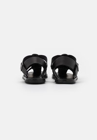 Paire de sandales en cuir noir avec des brides réglables à la cheville, vues de dos sur un fond blanc uni.