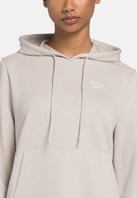 Svetlosivá mikina s kapucňou, predným vreckom a bielym logom Reebok na hrudi. Mäkký textilný materiál.