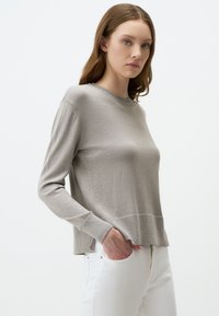 Pull gris à manches longues avec une coupe décontractée, un col et un ourlet côtelés. Texture douce, comportant des fentes sur les côtés et un léger éclat.