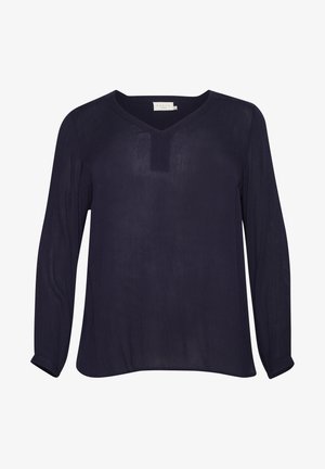 Tumesinise pika varrukaga pluus kergetes kangastes, millel on V-kujuline kaelus ja peen plisseeringu detail, volditud varrukatega.