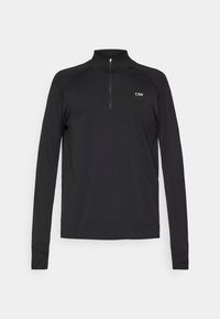 Μαύρο αθλητικό μπλουζάκι με μακριά μανίκια και ψηλό γιακά, με μισό φερμουάρ και μικρό λογότυπο στο αριστερό πάνω μέρος του στήθους. Λείο ύφασμα.