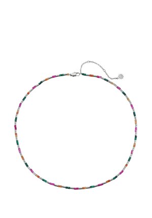 Zarte Perlenkette mit kleinen grünen, rosa, orangefarbenen und silbernen zylindrischen Perlen und einer silbernen, verstellbaren Verschlusskette.
