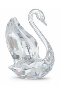 Figura di cigno di cristallo, superficie sfaccettata, trasparenza cristallina, collo elegante e curvo, base ampia, texture liscia e becco dettagliato.