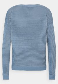 Pull tricoté bleu clair avec texture nervurée horizontale, manches longues, col rond, poignets et ourlet ajustés, vu de dos.