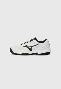 White athletic shoe with black accents, featuring a mesh upper, textured sole, and lace-up design for secure fit. Reinforced toe area.
