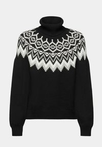 Pull à col roulé noir avec motif géométrique et zigzag blanc sur la poitrine et les épaules, manches longues, poignets et ourlet côtelés.