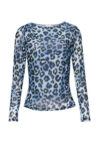Blauwe luipaardprint lange mouw top gemaakt van doorschijnende stof, met donkerblauwe en limegroene vlekken, ronde halslijn en aansluitende snit.