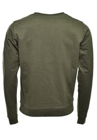 Olivgrön sweatshirt med rund hals, långa ärmar och ribbad mudd. Slät textur utan synliga mönster eller dekorationer.