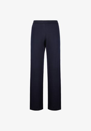 Granatowe, szerokie spodnie wykonane z miękkiego materiału, z elastycznym paskiem w talii, charakteryzujące się gładką fakturą i brakiem widocznych ozdób.