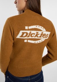 Brown knitted sweater featuring a white "Dickies" logo on the back. Ribbed collar and hem with a soft texture.