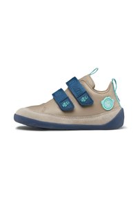 Beige leather shoe featuring two blue Velcro straps, a textured detailing, and a blue rubber sole with a circular logo accent on the side.