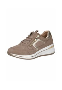 Braune Wildledersneaker mit einer weißen und goldenen Akzentsohle, ausgestattet mit Schnürsenkeln und einem dekorativen Reißverschlussdetail an der Seite. Strukturiertes Obermaterial.