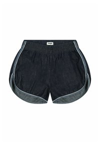 Bermuda in denim di colore blu scuro con vita elasticizzata, caratterizzate da accenti laterali blu chiaro e una vestibilità morbida.
