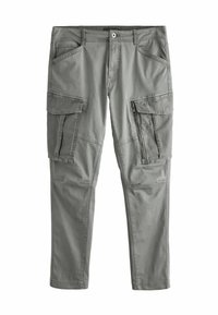 Pantalones cargo grises de algodón, con múltiples bolsillos, un bolsillo con cremallera en el muslo y un diseño de pierna ajustada.