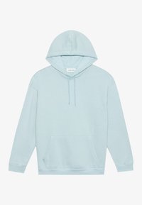 Lys blå hettegenser laget av myk stoff, med en frontlomme og snorer. Avslappet passform med ribbet mansjetter og hem.