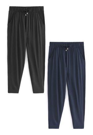 Schwarze und marineblaue Sweatpants mit elastischem Bund, Kordelzügen und Seitentaschen. Glattes Material mit einem lässigen, schmal zulaufenden Beindesign.