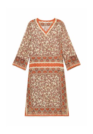 Abito a maniche lunghe fino al ginocchio con motivi paisley e floreali arancioni, beige e marroni e scollo a V.