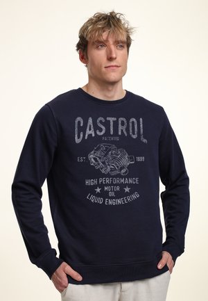 Sudadera azul marino hecha de mezcla de algodón con cuello redondo, que presenta un gráfico impreso en gris claro de un motor y una marca de texto.